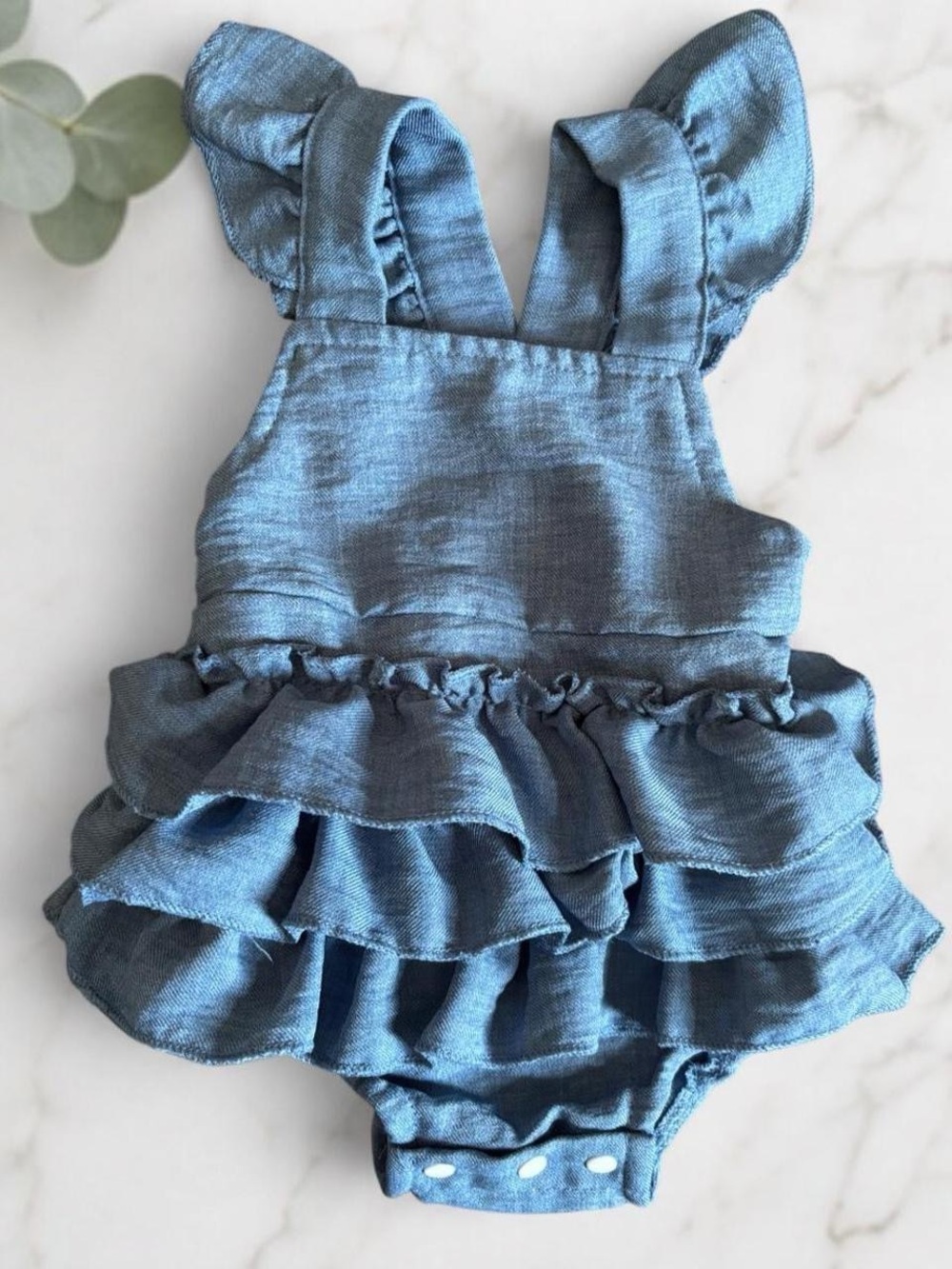 6-9 Month Blue Ruffle Criss Cross Back Denim Like Sleeveless Baby Romper